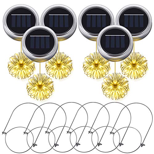 PChero 6pcs Impermeable Solar Mason Jar Tapa Cadena Luces de Hadas con 20 LED y Perchas, Perfecto para Fiestas, Bodas, Decoración Navideña (Blanco Cálido)