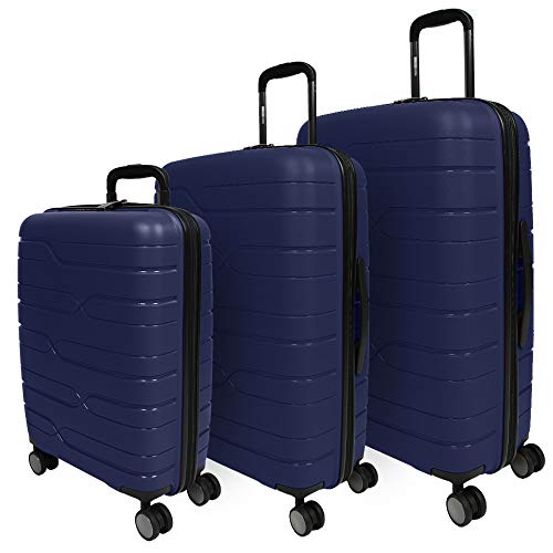 PERLETTI Set 3 Maletas Trolley Extra Resistentes de Polipropileno - Equipaje de Viaje Rigido Azul con Cerradura TSA Integrada y 4 Ruedas Dobles Multidireccionales - Mango Telescópico (Azul, S+M+L)