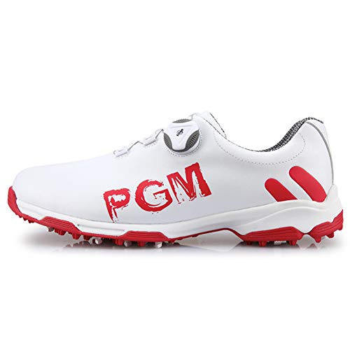 PGM Zapatos de Golf Impermeables para Hombre con Móvil Pinchos, Zapatos de Golf,White and Red,39EU