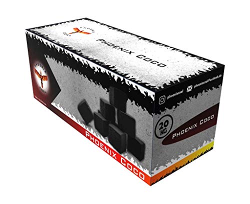 Phoenix Coal Premium Coco Carbón natural para shisha, briquetas de Coal para pipa de agua y barbacoa, sabor neutro, inodoro, larga duración de combustión, bajo contenido de cenizas (20 kg)