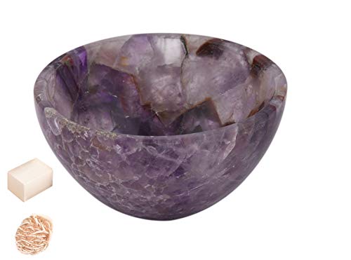 Piedra de amatista africana tallada a mano Cuenco de Feng Shui Generador energía espiritual Reiki Regalo Healing Cristal cargado 3 pulgadas con rosa Desierto Selenita/Selenita Cube-Blessfull Healing