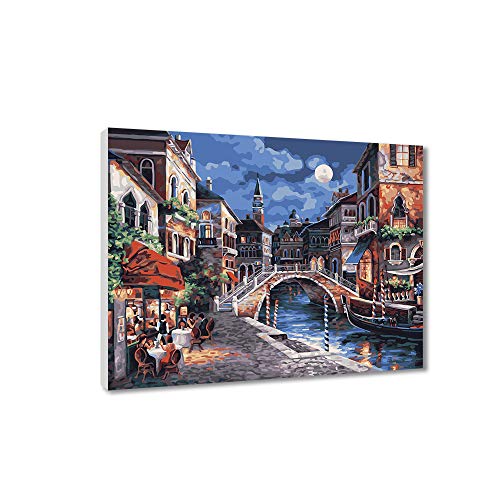 Pintura por números para niños y adultos Kits de regalo de pintura al óleo de bricolaje con marco de madera Impreso en lienzo Arte Decoración del hogar-Moonlight Ancient Town 40 * 50cm