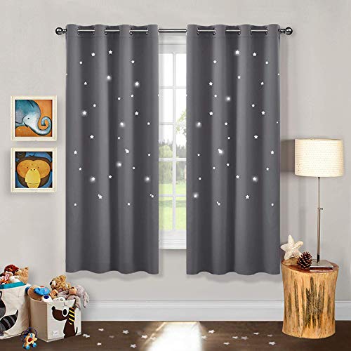 PONY DANCE Cortinas Estrellas de Dormitorio Infantil - Cortinas Blackout para Ventanas Habitación Juvenil, 2 Paneles, 132 x 158 cm, Gris