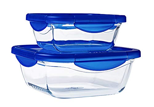 Pyrex® Cook & Go – Juego de 2 recipientes de cristal cuadrados con tapas herméticas e impermeables (0,8 L, 1,9 L)