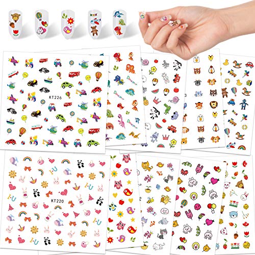 Qpout Pegatinas de uñas Apliques de uñas para Niñas, 600+diseños de animales dinosaurio de frutas calcomanías de flores pegatinas de uñas 3D para niños cumpleaños spa regalo de salón de bellez