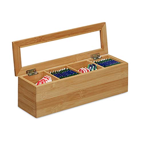 Relaxdays Caja para té e infusiones, Cuatro Compartimentos, Estrecho, Ventana de plástico, Pequeño, Rectangular, Marrón, 9 x 30 x 9 cm, Madera