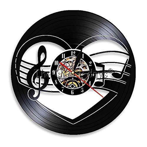 Reloj de Pared con Registro de Vinilo con Notas Musicales de 1 Pieza, decoración del hogar Vintage Rock n Roll, Regalo Hecho a Mano para Amantes de la música-Sin