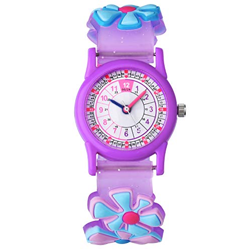 Reloj De Pulsera Infantil Niños Reloj Chica Chico Educativo niña Pequeños Joven 3D Silicona Flor Morada KW118