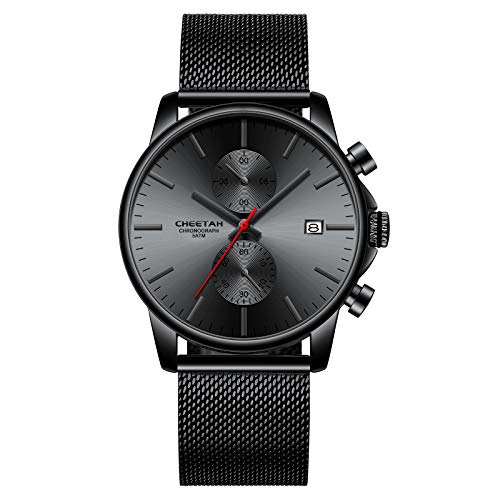 Relojes para Hombre Moda Deporte Cuarzo Analógico Negro Malla Acero Inoxidable Impermeable Cronógrafo Reloj de Pulsera, Fecha automática