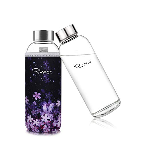 Ryaco Botella de Agua Cristal 450ml, Botella de Agua Reutilizable 15oz, Sin BPA Antideslizante Protección Neopreno Llevar Manga con Acero Inoxidable Tapas Elegante de Borosilicato Botella