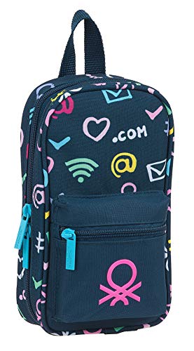 safta 412151747 Plumier mochila 4 estuches llenos, 33 piezas, escolar UCB Benetton, Azul Marino/Multicolor