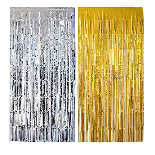 SIMUER Cortina Brillantes 2 Piezas Metálica Tinsel Cortinas Shimmer Brillante Borla Lámina Flecos Foto Pared de Fondo,Shinny Decoraciones para Fiestas para Bodas de Cumpleaños Navidad Plata + Oro