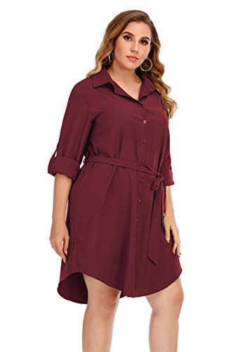 SLYZ Vestido Camisero De Manga Larga De Gran Tamaño De Estilo Nuevo De Primavera para Mujer, Camisa De Color Sólido, Cinturón Multicolor, Vestido Corto De Solapa