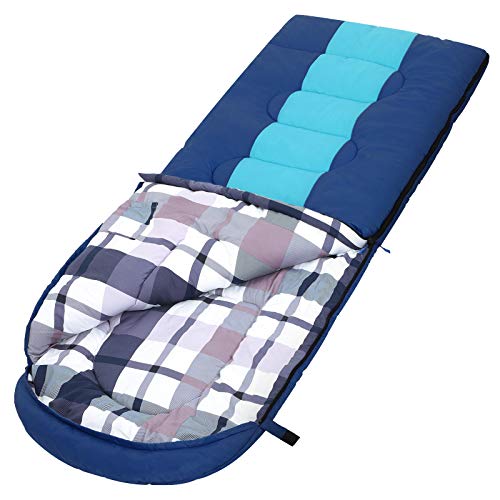 SONGMICS Saco de Dormir Grande con Bolsa de Compresión, Temperatura Ideal 5-15°C, 3-4 Estaciones, Fácil de Llevar, Ligero, Compacto, para Viaje, 220 x 84 cm, Azul Oscuro y Turquesa GSB30GU