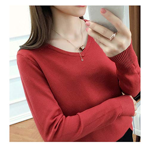 Suéter para Mujer Cuello en V Manga Larga Primavera y otoño Suéter Fino suéter Slim Fit Suéter Fino Fino y cálido de Lana Salvaje-Rojo Oscuro_S (40-45 kg) Adecuado para Peso