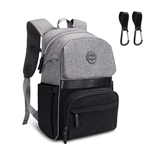 Sunup mochila para pañales con 2 correas para cochecito, Mochila bebé para mamá y papá Bolso cambiador de pañales de viaje, Cremallera abierta con una sola mano (gris-negro)