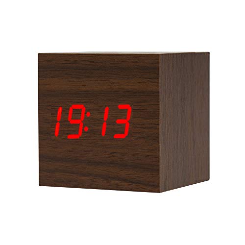 ThreeH Reloj Despertador Digital,Madera LED Luz Mini Cubo Cubo Reloj Despertador Muestra Hora Fecha Temperatura para niños,dormitorios, hogar, Dormitorio,Viaje AC10 Marrón_Rojo