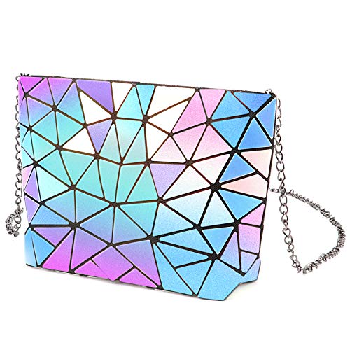 Tikea Bolsa Geométrica Luminosa Holográfica para Mujer, Cartera de Mano de Moda en Cuero Sintético, Clutch Diamante con Correa de Cadena Efecto Brillante Multicolor