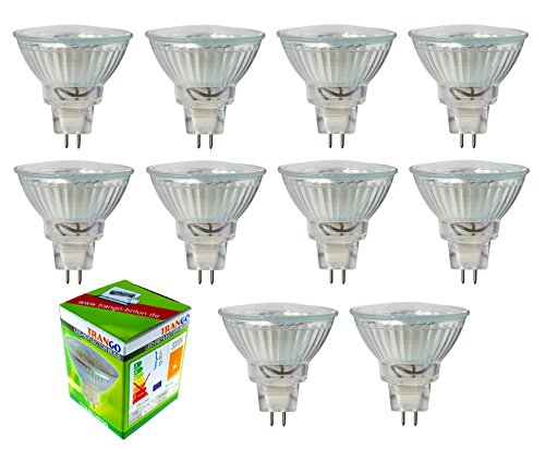 Trango Conjunto de 10 Bombilla LED con casquillo MR16-10TGMR16030 para reemplazar bombillas halógenas convencionales MR16 I GU5.3 I G4 12 voltios 3000K bombilla blanca cálida, bombilla reflectora