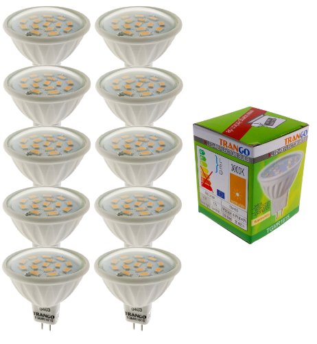 Trango Conjunto de 10 Bombillas LED de 6 vatios con conector MR16 10TGMR1615 para reemplazo Bombilla halógena MR16, GU5.3, G4, 12 Volt 3000 K Bombilla blanca cálida, bombilla reflectora, bombillas LED