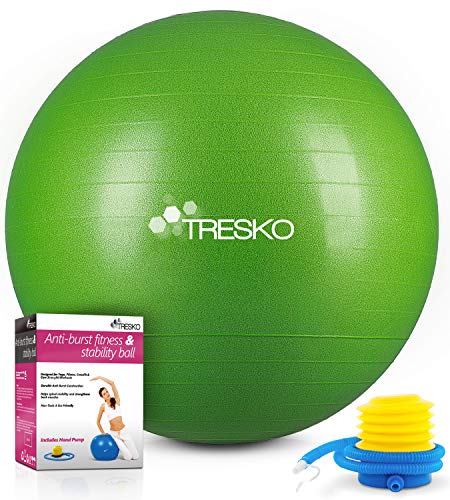 TRESKO® Pelota de Gimnasia Anti-Reventones | Bola de Yoga Pilates y Ejercicio | Balón para Sentarse | Balon de Ejercicio para Fitness | 300 kg | con Bomba de Aire | Verde | 85cm