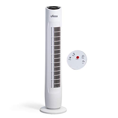 Ufesa TW1500 - Ventilador de torre, 45W, 3 velocidades, Temporizador de 2 horas, Mando a distancia, Oscilación izquierda/derecha, Asa de fácil transporte