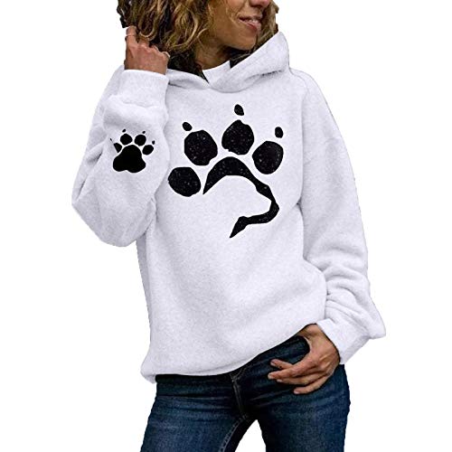 VEMOW Sudadera con Capucha para Mujer Sudadera Mangas largas, 2021 Nuevo Elegantes Moda Estampado de 3D Pata de Gato Color Sólido Suelto con Bolsillos Camisetas Chica Grandes(E Blanco,S)