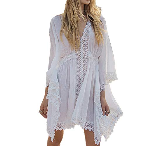 Vestido de Playa Mujer Ropa de Baño Cover Up Verano Algodón Pareos Kimonos V-Cuello