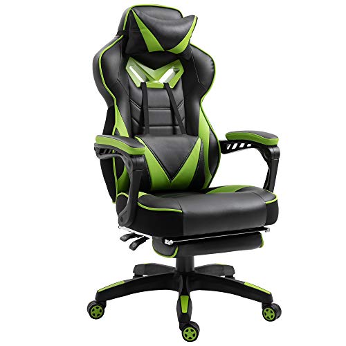 Vinsetto Silla Racing Silla Ergonómica de Escritorio para Oficina Regulable en Altura Reclinable Respaldo con Reposapiés Reposacabezas Cojín Lumbar Ruedas 65x70x118,5-126,5 cm Verde