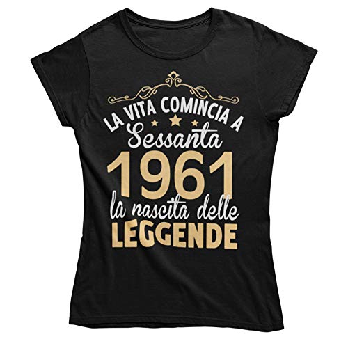 Vulfire Camiseta para mujer, idea de regalo para cumpleaños, la vida empieza a 60 leyendas del día de los 60 años Negro M