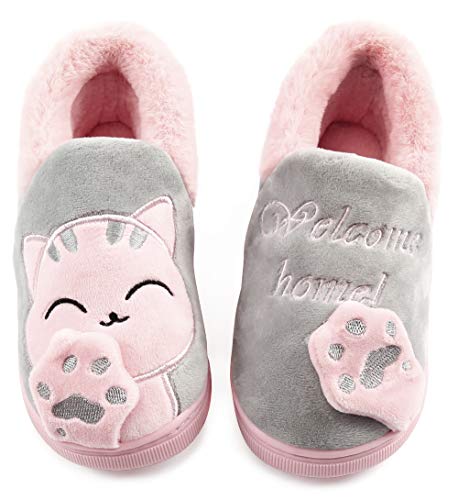 Vunavueya Zapatillas de Estar por Casa Niña Niño Zapatos Pantuflas Invierno Interior Caliente Peluche Forradas Slippers Gris(Cat) 28/29 EU/200CN