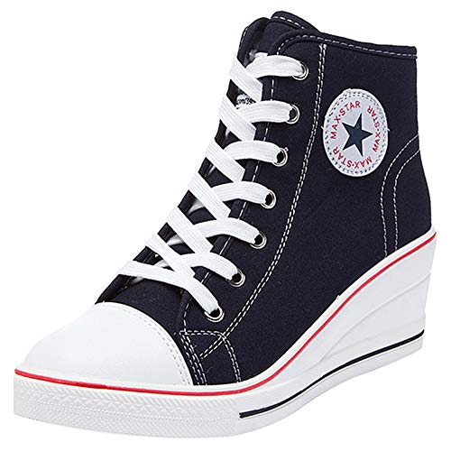 Wealsex Mujer Cuñas Zapatos De Lona High-Top Zapatos Casuales Encaje 6CM Tacón Cuña (Azul Oscuro,41)