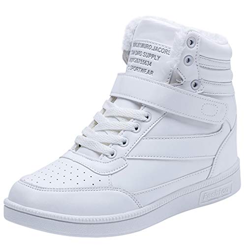 Wealsex Zapatillas de Cuña para Mujer Botas Botines Alta Zapatos Deportivos Oculto Talón Altura 3.5cm Interior Sneakers (38 EU, Forro de Felpa Blanco)