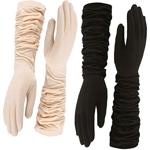 Wenxiaw Guantes de Saten Guantes Negros Largos Mujer Estilo de Audrey Hepburn Elegantes Guantes para Fiesta Opera Boda Nupcial Fiesta Formal Festival 55cm Negro Beige Guantes 2 Pairs