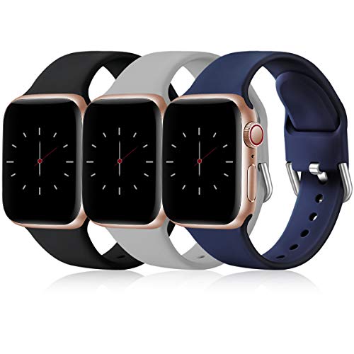 Wepro 3 Pack Correas Compatible con Apple Watch Correa 38mm 42mm 40mm 44mm, Correa de Silicona Suave de Repuesto Compatible con iWatch Series 6, 5 4 3 2 1, SE, 42mm/44mm-M/L, Negro/Gris/Azul