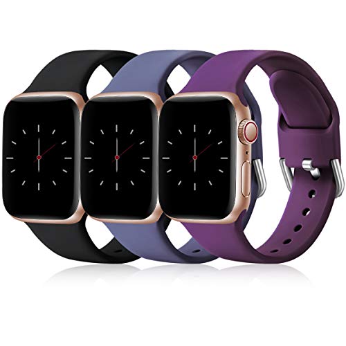 Wepro 3 Pack Correas Compatible con Apple Watch Correa 38mm 42mm 40mm 44mm, Correa de Silicona Suave de Repuesto Compatible con iWatch Series 6, 5 4 3 2 1, SE, 42mm/44mm-M/L, Negro/Azul Gris/Ciruela