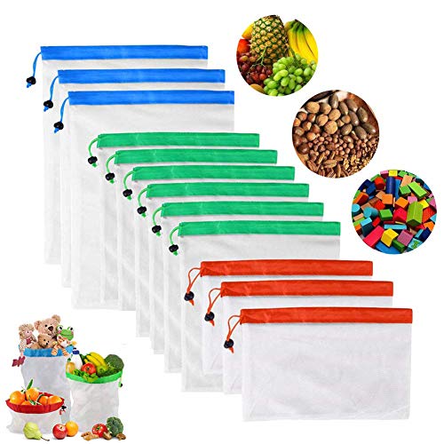 Weskimed 12PCS Bolsas Reutilizables Compra Ecológicas Bolsas Fruta Reutilizables para Almacenamiento Verduras Juguetes Lavable y Transpirable 3 Tamaños (3*S, 6*M, 3*L)