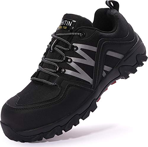 WHITIN Zapatos de Seguridad Hombres Zapatillas de Trabajo con Punta de Acero Ultra Liviano Reflectivo Anti-Deslizante Transpirable Zapatos de Industriay Construcción Negro 41 EU