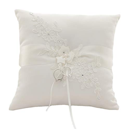 XYJIE Encaje Perla Marfil Satinado Flor Anillo de Boda Portador Almohada 21 cm x 21 cm para Boda Decorativos