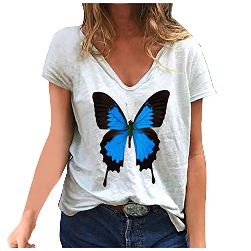 YANFANG Camiseta de Manga Corta con Estampado de Mariposa y Cuello en V Informal de Moda para Mujer LWhite