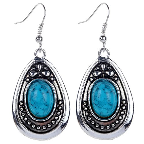 Yazilind vendimia de color plata del óvalo azul turquesa cuelgan los pendientes del gancho de la gota mujeres de regalo