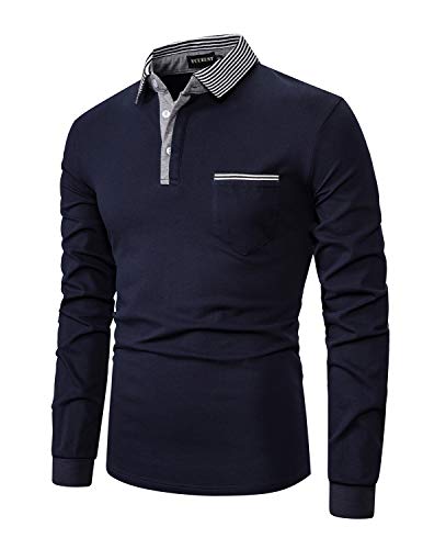 YCUEUST Polo para Hombre de Manga Larga Oficina Camiseta Casual Algodón con Raya Azul Medium