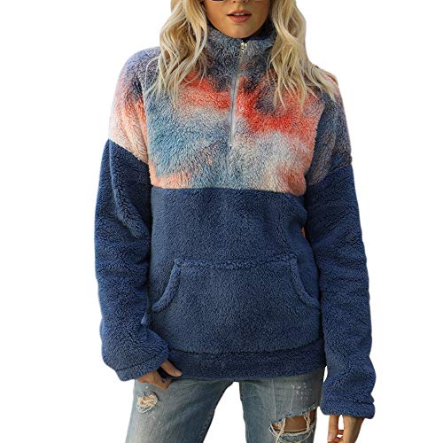 YIKEYO Mujer Sudadera Caliente y Esponjoso Tops con Tie Dye - Ropa de Abrigo Peludo con Cuello Alto de Cremallera - Otoño Invierno Jerséis de Manga Larga con Bolsillo (Azul, XXL)