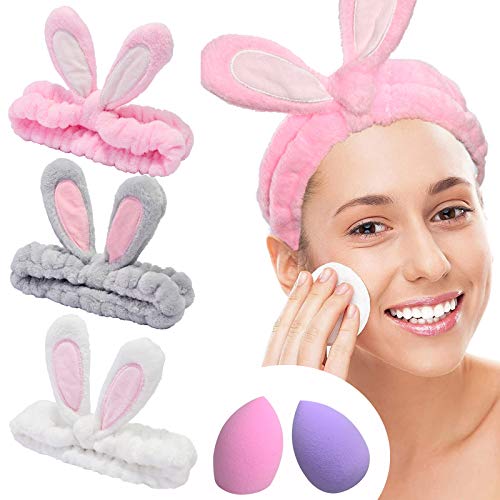 YMHPRIDE Spa Diadema - Diadema de conejo de 3 piezas para niñas, mujeres, encantadora y suave diadema elástica Carol con juego de licuadora de esponja de maquillaje