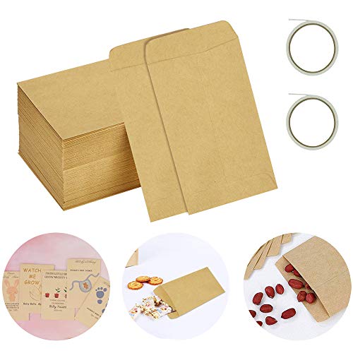 YOUKCDT Sobres Marrones(80 g/m², 200 unidades), 60 x 100 mm, Bolsas Papel Kraft Pequeñas y 2 Rollos de Cinta Adhesiva de Doble Cara, Sobres Papel Kraft para Recoger de Muestras de Plantas y Semillas