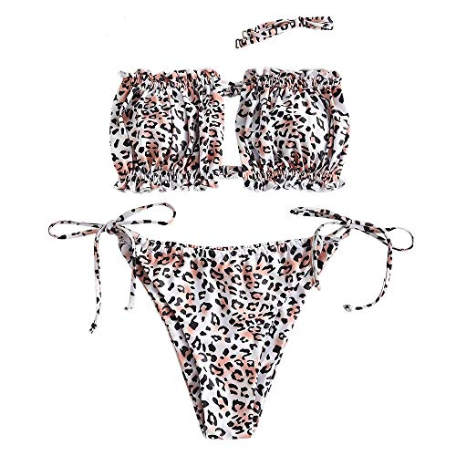 ZAFUL - Conjunto de bikini para mujer, banda sin tirantes con cordón y traje de baño de color liso con rouches A-2-leopard S