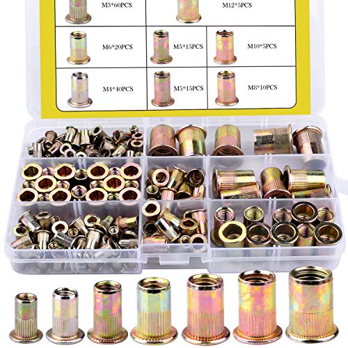 170pcs Mixed Zinc Plated Carbon Steel Rivet Nut Threaded Insert Nutsert M3 4 5 6 8 10 12 Packaged by Plastic Case BO002