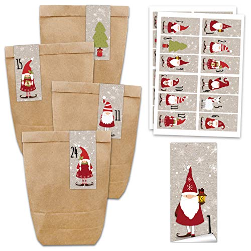 24 Bolsas de Papel con Pegatinas para Calendario de Adviento - Motivo Papa Noel - Cuadrado - 62