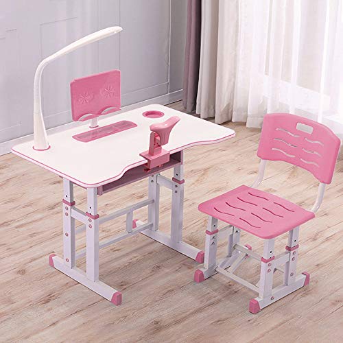 4YANG Escritorio para niños - Juego de Mesa y Silla de Estudio para niños con Altura Ajustable con cajones, Cajas de lápices, Luces para los Ojos, estantes de Lectura, ortesis (Rosa)