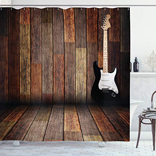 ABAKUHAUS Partido Estrella del Pop Cortina de Baño, Guitarra Sitio de Madera, Material Resistente al Agua Durable Estampa Digital, 175 x 200 cm, Marrón Negro Blanco